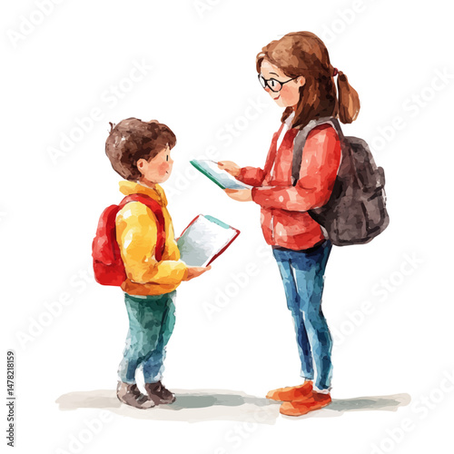 watercolor vector of Teacher And Student, isolated on a white background.