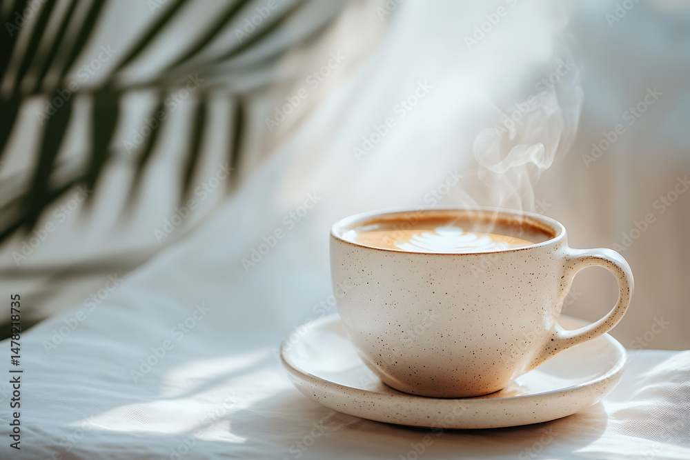 Fototapeta premium A steaming cup of coffee on a white tablecloth, surrounded by soft natural light and green leaves