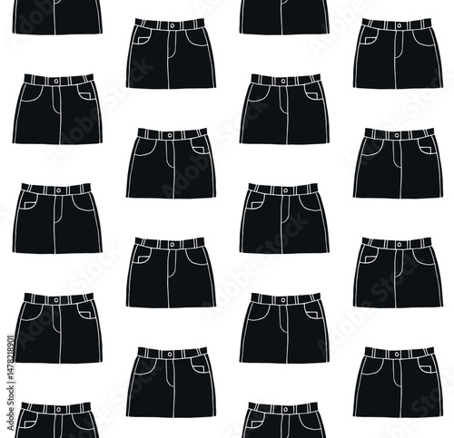 Vector seamless pattern of hand drawn sketch doodle jeans skirt isolated on white background