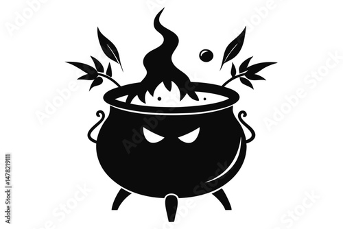 Black Halloween Cauldron with Boiling Potion, Branches, and Angry Eyes Vector Illustration