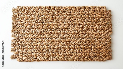 Natural woven water hyacinth mat with a fringed edge on white background