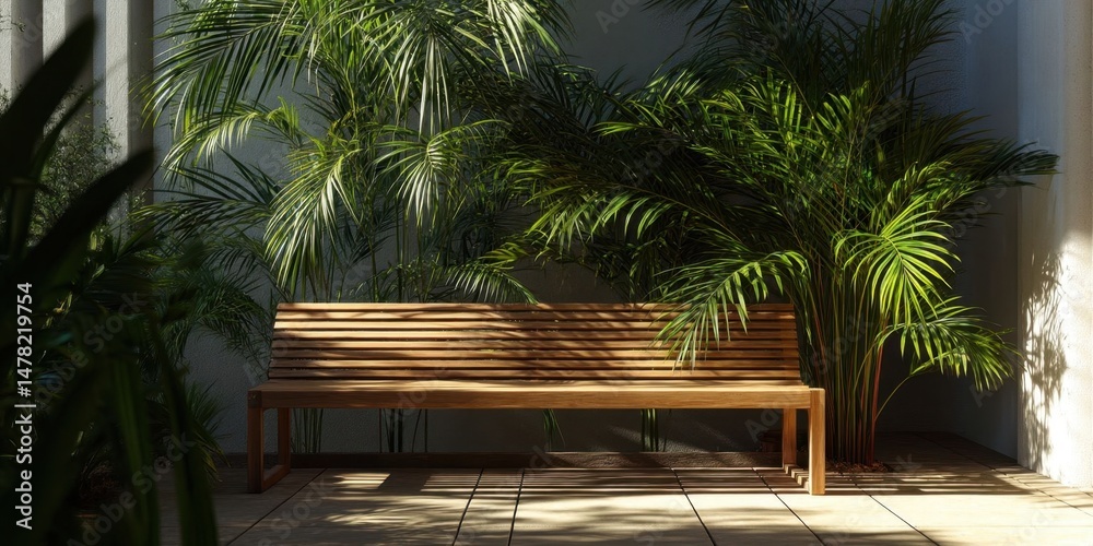 Fototapeta premium Wooden Bench with Palm Plants in Relaxing Outdoor Patio Scene