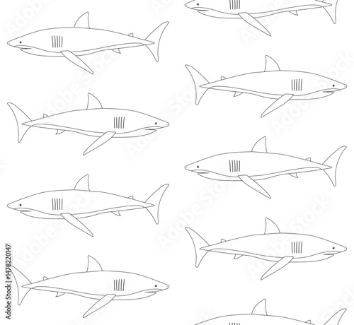 Vector seamless pattern of flat hand drawn outline shark isolated on white background