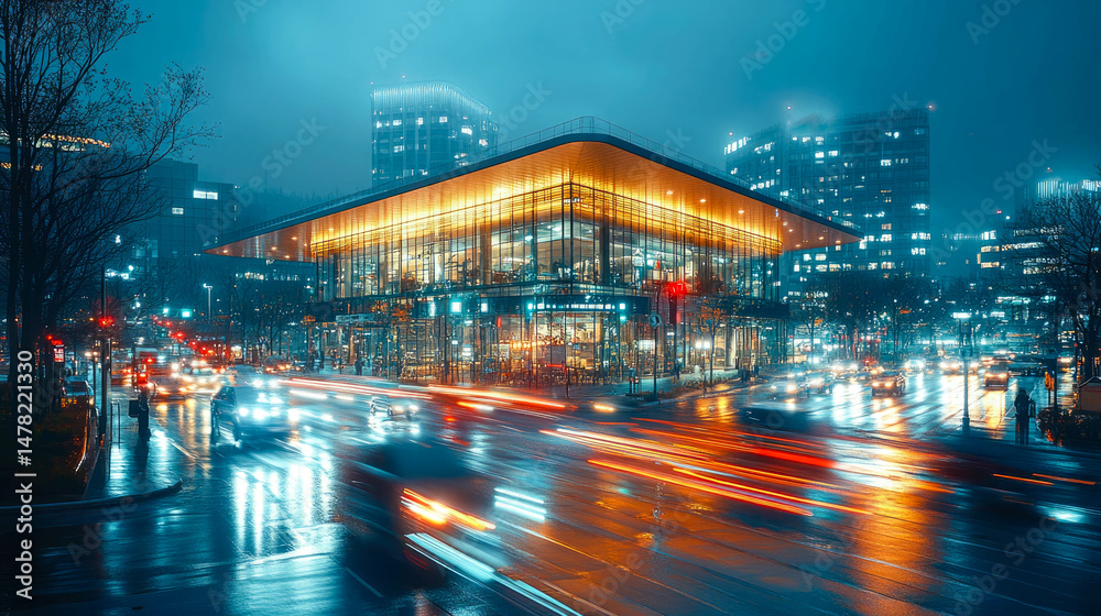 Fototapeta premium Futuristic cityscape glowing at night with light trails and reflections on wet streets from passing traffic