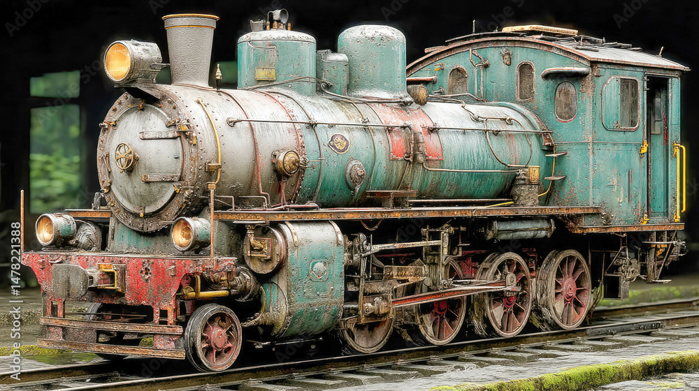 Naklejka premium Detailed vintage steam locomotive with a weathered blue exterior, showcasing antique industrial design and engineering