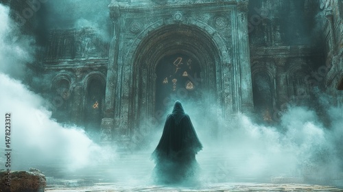 Mysterious figure approaches ancient ruins