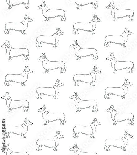 Vector seamless pattern of flat hand drawn outline corgi dog isolated on white background