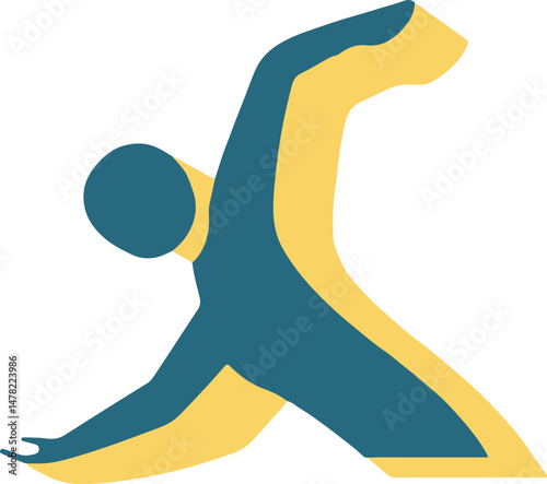 Flat minimal bold silhouette icon of healthy person stretching light blue silhouette with a yellow accent detail health wellness icon