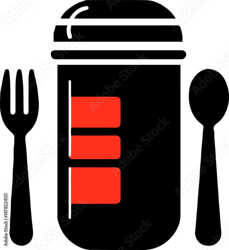 Flat minimal bold silhouette icon of weight loss meal prep black silhouette with a red accent detail health wellness icon
