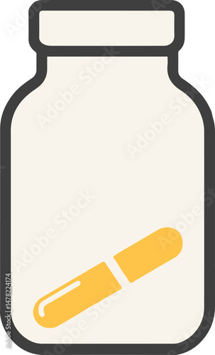Flat minimal bold silhouette icon of vitamin pill bottle clear silhouette with a soft yellow accent detail health wellness icon
