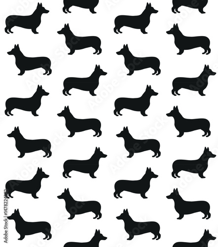 Vector seamless pattern of flat hand drawn corgi dog silhouette isolated on white background