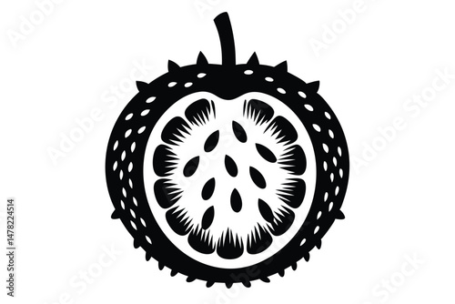 Black Vector Illustration of Kiwano Melon Slice with Seeds and Spiked Outer Skin