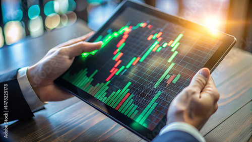 Businessman examining stock market financial data on a digital tablet screen close up view
