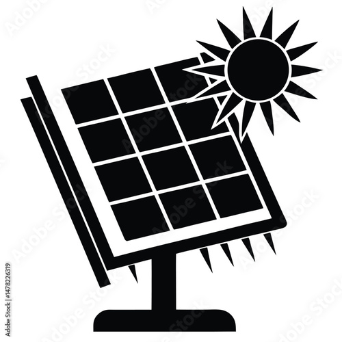 Stylized Solar Panel Array with Sun Shining, Icon for Clean Energy Solutions