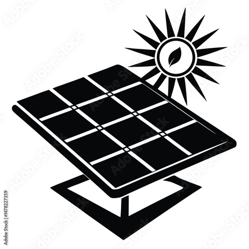 Solar Panel Graphic with Sun and Leaf Icon for Renewable Energy Solutions