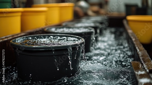 Water flowing from buckets in vibrant yellow environment