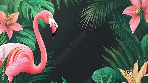 Pink Flamingo Tropical Paradise, Lush Leaves and Flowers