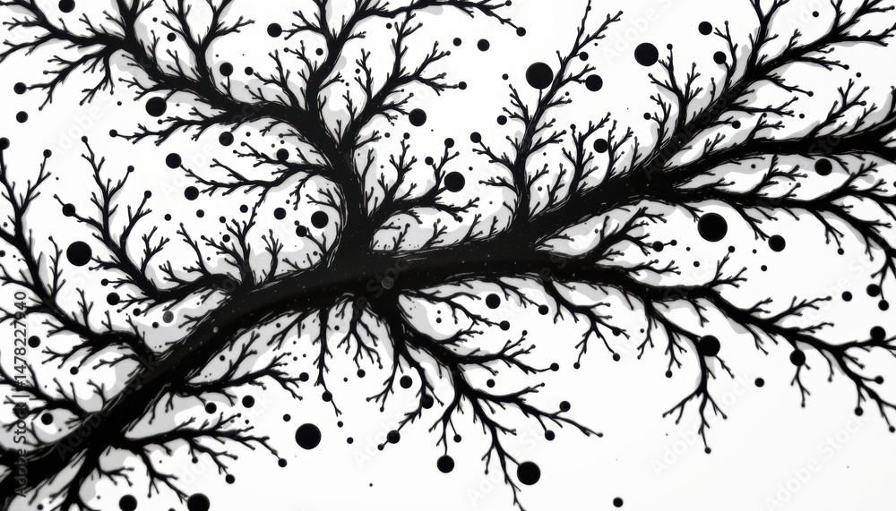 Obraz premium Abstract black branches with dots on a white background.
