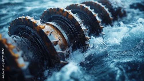Close up of industrial cogs in water displaying unique textures and movement