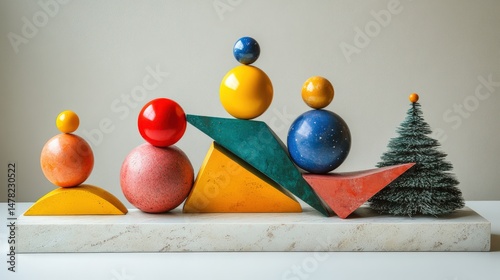 Colorful geometric shapes with a tiny christmas tree on a white surface