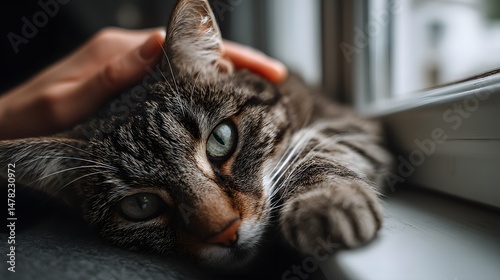 Relaxing tabby cat being pet indoors near a window, enjoying a moment of affection.