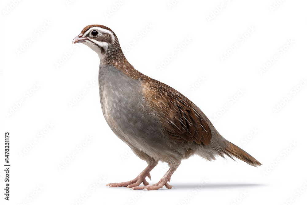 Obraz premium A beautiful gray and brown bird stands against a white background.