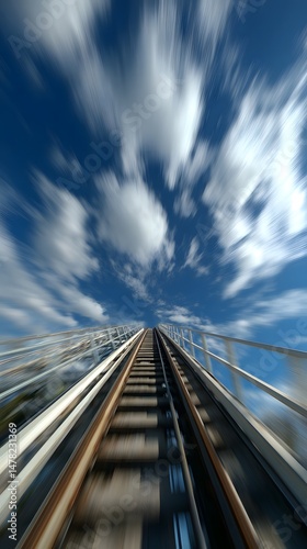 Motion blurred roller coaster extending upward into a vibrant blue sky with white clouds.