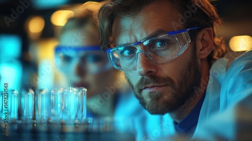 Focused scientist in laboratory with test tubes and laboratory equipment