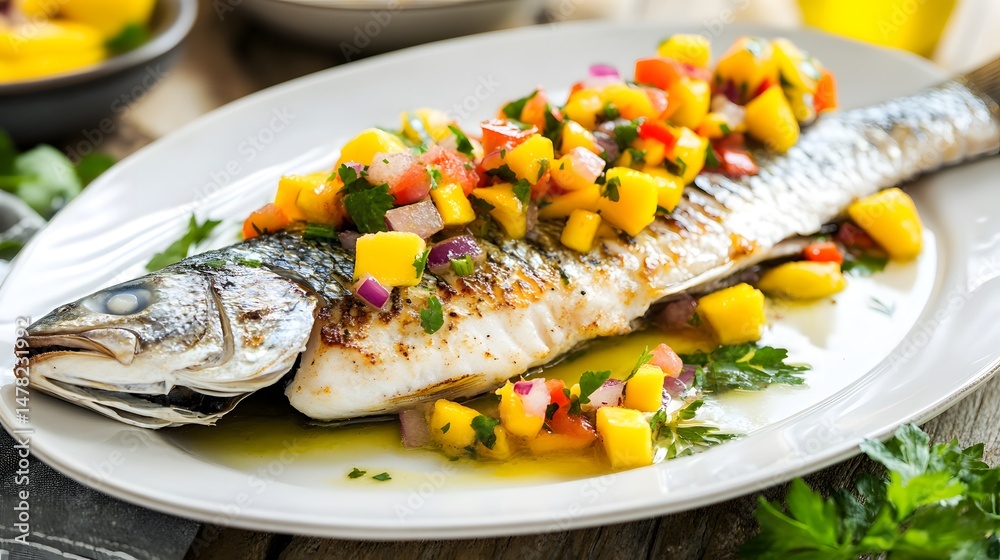Grilled sea bass fillet served with colorful mango salsa, olive oil, herbs, and spices on a rustic white plate.