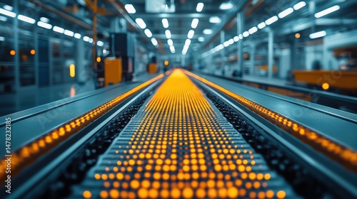 Close up view of a conveyor belt in an industrial setting with orange lights