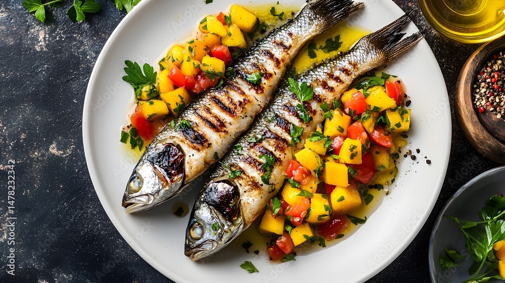Grilled sea bass fillet served with colorful mango salsa, olive oil, herbs, and spices on a rustic white plate.