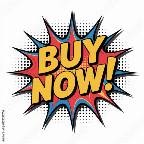 Buy now comic explosion style banner for urgent shopping sale or e-commerce promotion
