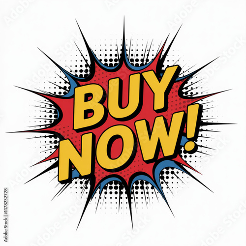 Buy now comic style pop art explosion graphic for e commerce product sale advertisement
