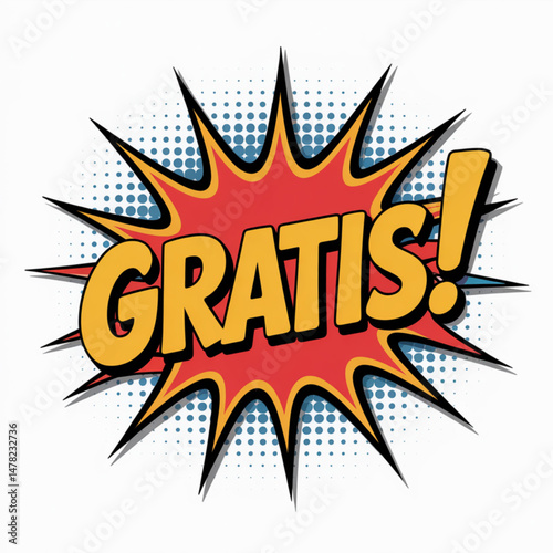 Gratis comic style promotional explosion graphic for Spanish free offers and marketing campaigns

