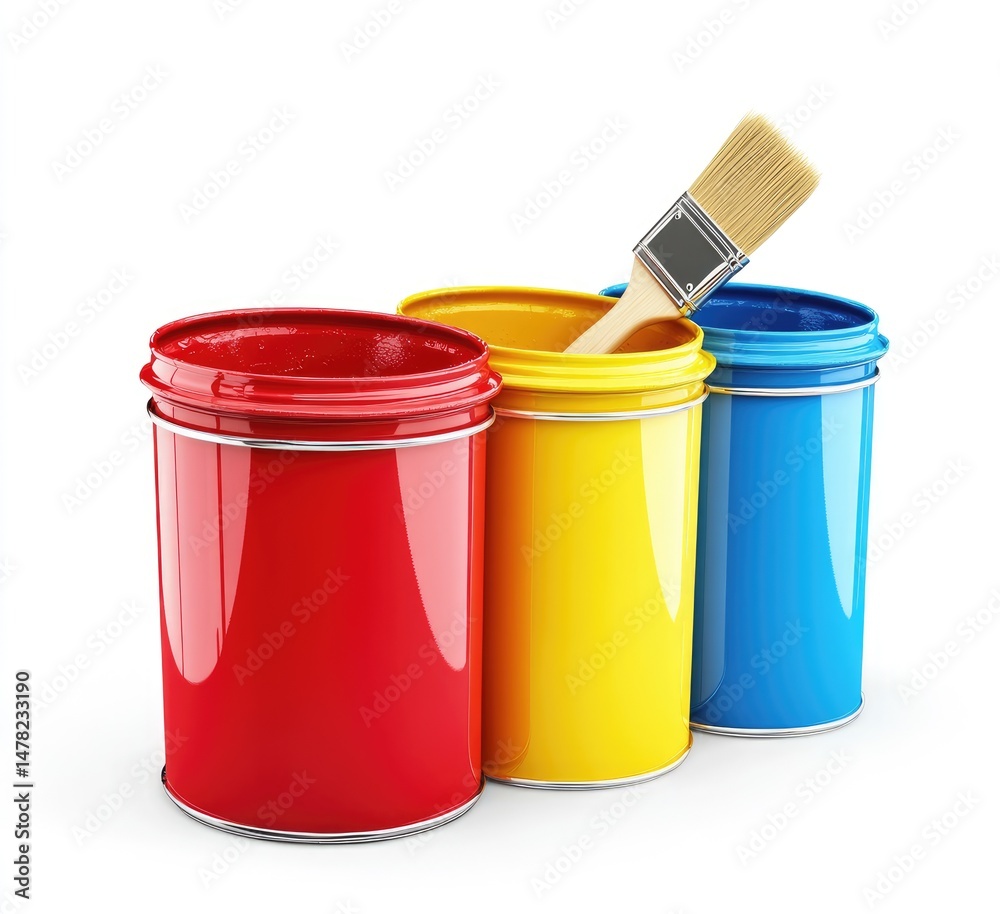 Three paint cans with a paintbrush Three paint cans with a paintbrush