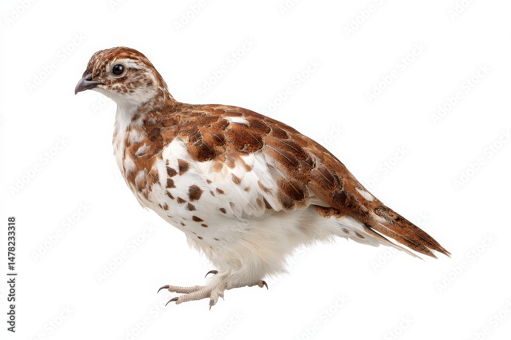 Fototapeta premium A stunning Rock Ptarmigan, showcasing its intricate plumage against a pristine white backdrop.
