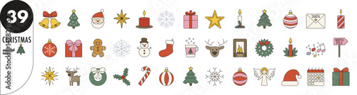 Christmas - thin line icons set, colorful fill. Santa, reindeer, gift, snowman, snowflake, wreath, candle, star, ornament, letter, gingerbread cookie, christmas tree, angel, xmas, vector illustration
