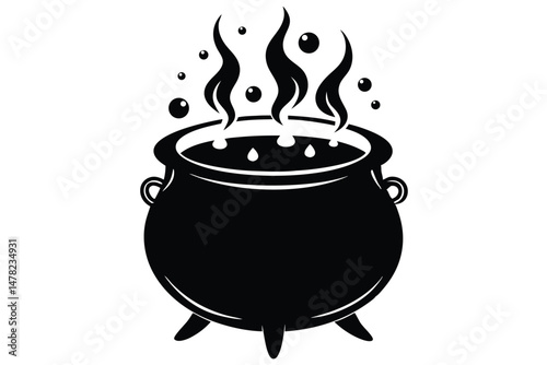 Black Silhouette Illustration of Bubbling Witch's Cauldron with Steam, Halloween Graphic Element