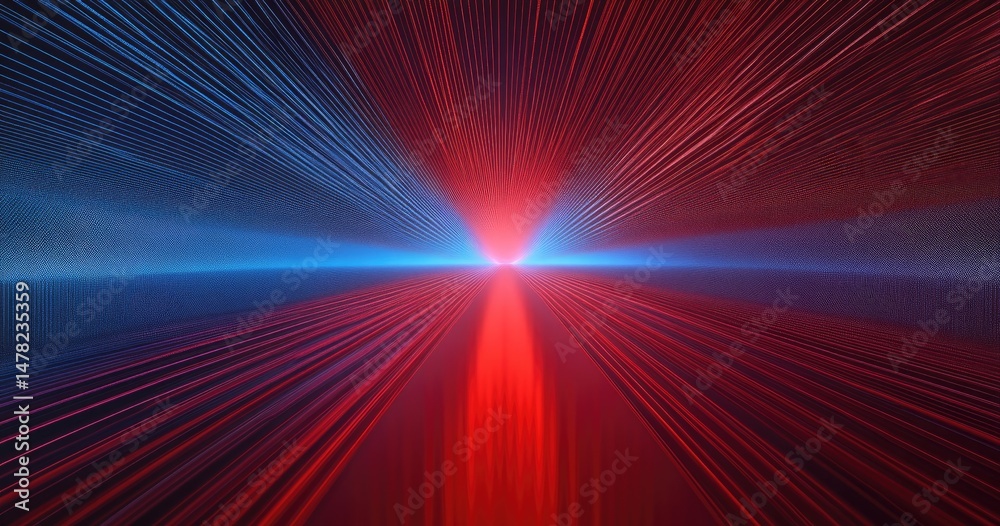 Fototapeta premium A vibrant, energetic, digital tunnel. Red and blue light streaks converge to a central point