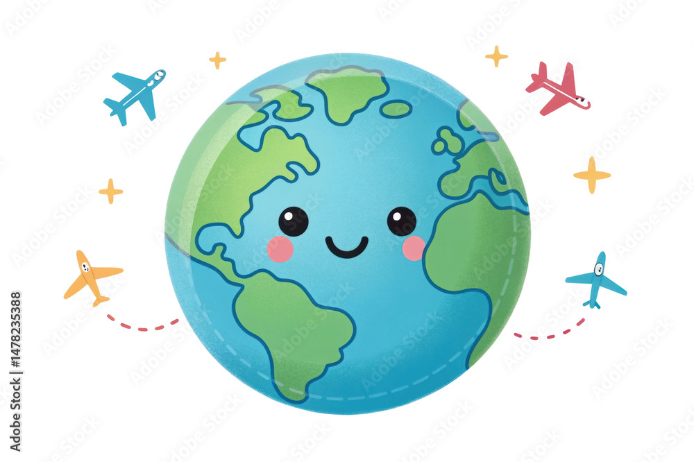 Naklejka premium PNG Cute cartoon earth with smiling face and airplanes