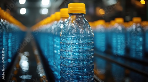 Close up view of bottled water with bright yellow caps in a production line