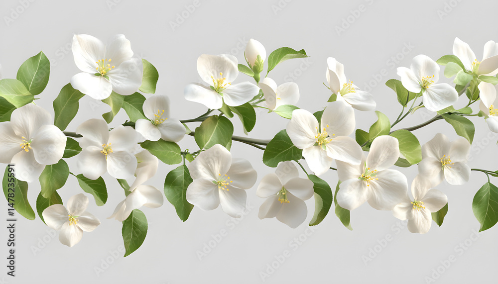 Obraz premium White blossoms and green leaves are arranged in a corner on a white background