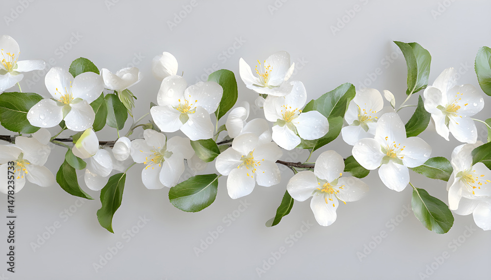 Fototapeta premium White blossoms and green leaves are arranged in a corner on a white background