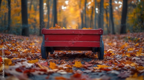 Red wagon in autumnal forest path.  Leaves cover the ground