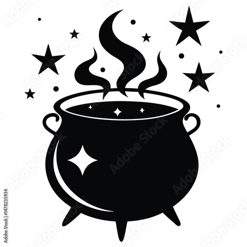 Black Witch's Cauldron with Bubbling Potion, Stars, and Magical Atmosphere Illustration