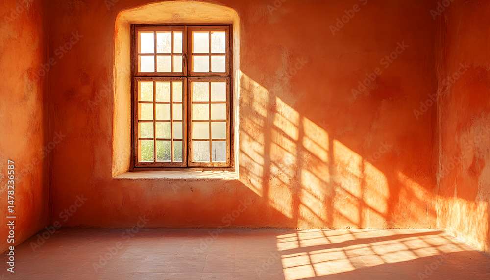 Obraz premium Warm hues and soft atmosphere are captured in interior room photography through angled perspective and sunlight shadows