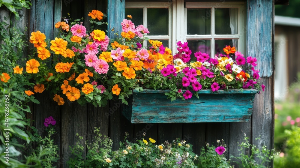 Rustic Window Box Full Of Colorful Flowers Adds Charm To A Weathered Wooden Wall. Rustic Window Box Full Of Colorful Flowers Adds Charm To A Weathered Wooden Wall.