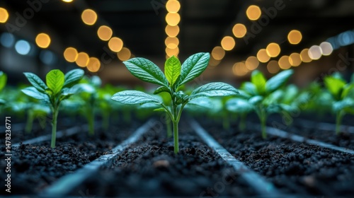 Young plant sprouting in indoor greenhouse with soft lighting and soil