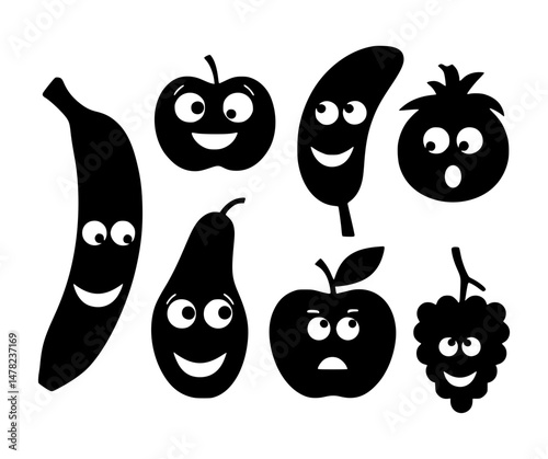 Cartoon Fruits Happy Vector Icons