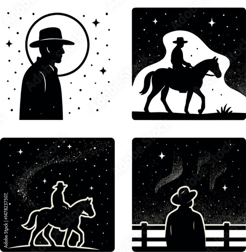 Cosmic cowboy silhouettes icons set – simple, western and minimalist style graphics